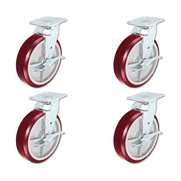 8"x2" Swivel Caster Hvy Dty Polyurethane Wheel W/Brakes 950lbs Ea, PK4